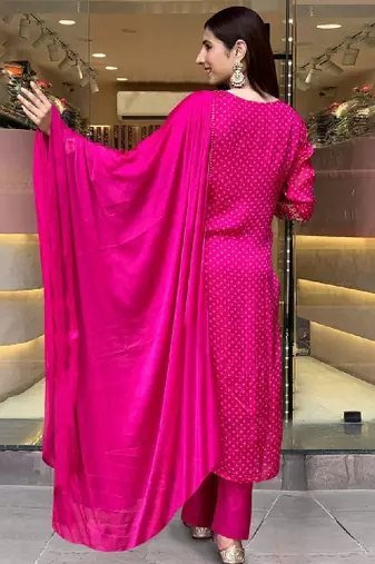 Bandhani printed sequinned embroidery work kurta with trousers & dupatta