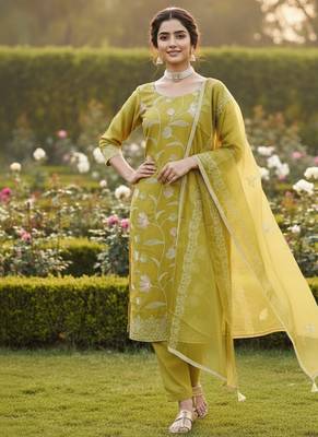 yellow embroidered glaze cotton unstitched dress material  3