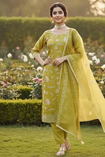 yellow embroidered glaze cotton unstitched dress material 