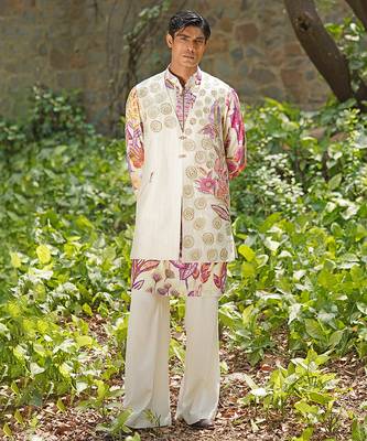 Off white pink embroidered cotton silk kurta jacket set 1