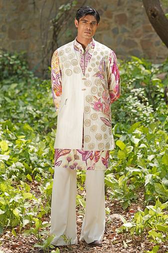 Off white pink embroidered cotton silk kurta jacket set