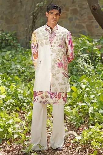 Off white pink embroidered cotton silk kurta jacket set
