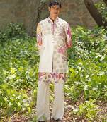 Off white pink embroidered cotton silk kurta jacket set