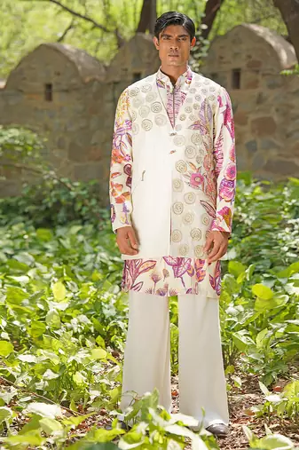 Off white pink embroidered cotton silk kurta jacket set