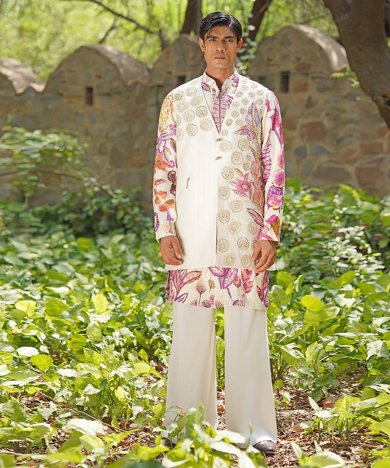Off white pink embroidered cotton silk kurta jacket set