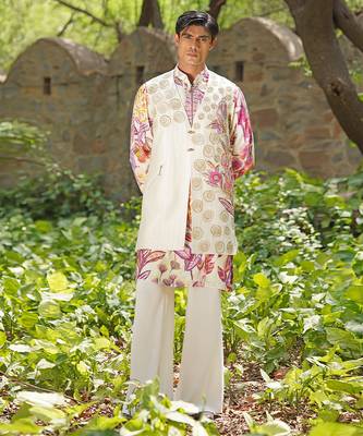 Off white pink embroidered cotton silk kurta jacket set 3