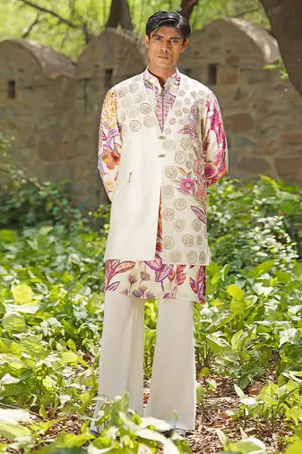 Off white pink embroidered cotton silk kurta jacket set