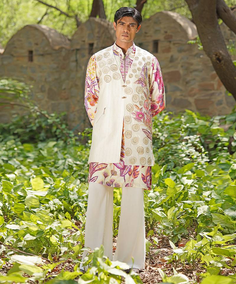 Off white pink embroidered cotton silk kurta jacket set
