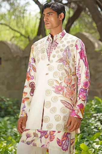 Off white pink embroidered cotton silk kurta jacket set