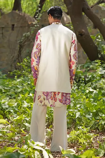 Off white pink embroidered cotton silk kurta jacket set