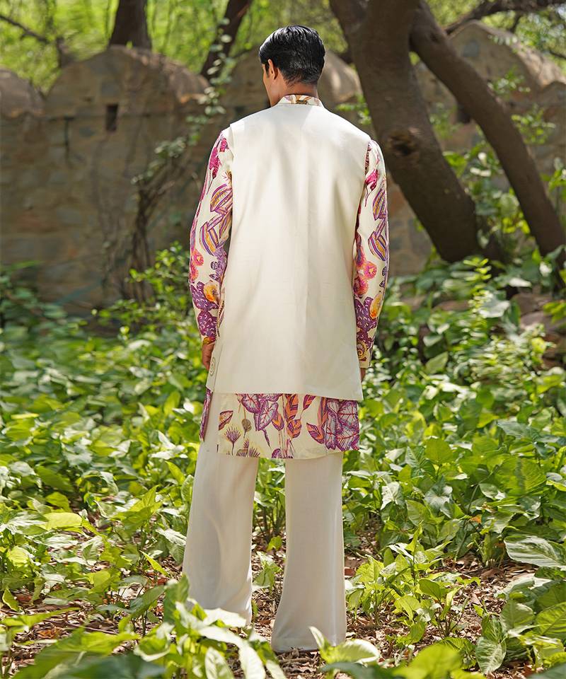 Off white pink embroidered cotton silk kurta jacket set