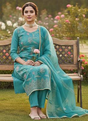 sea green embroidered glaze cotton unstitched dress material  2