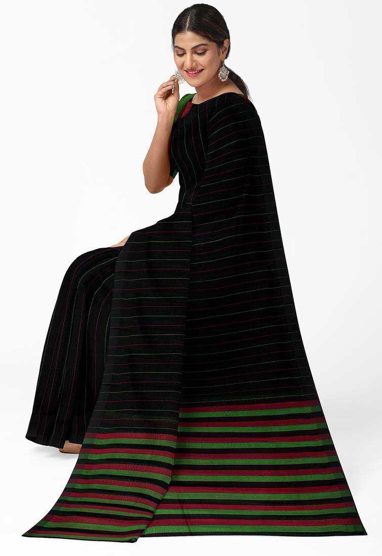 Classic black striped cotton blend saree