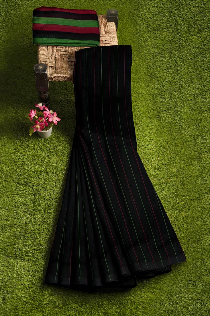 Classic black striped cotton blend saree