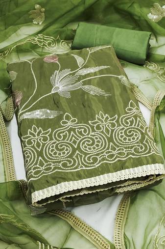 green embroidered glaze cotton unstitched dress material 