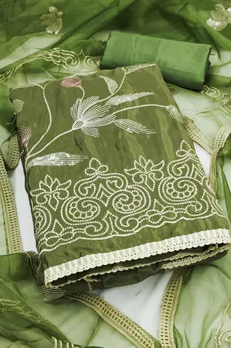 green embroidered glaze cotton unstitched dress material 
