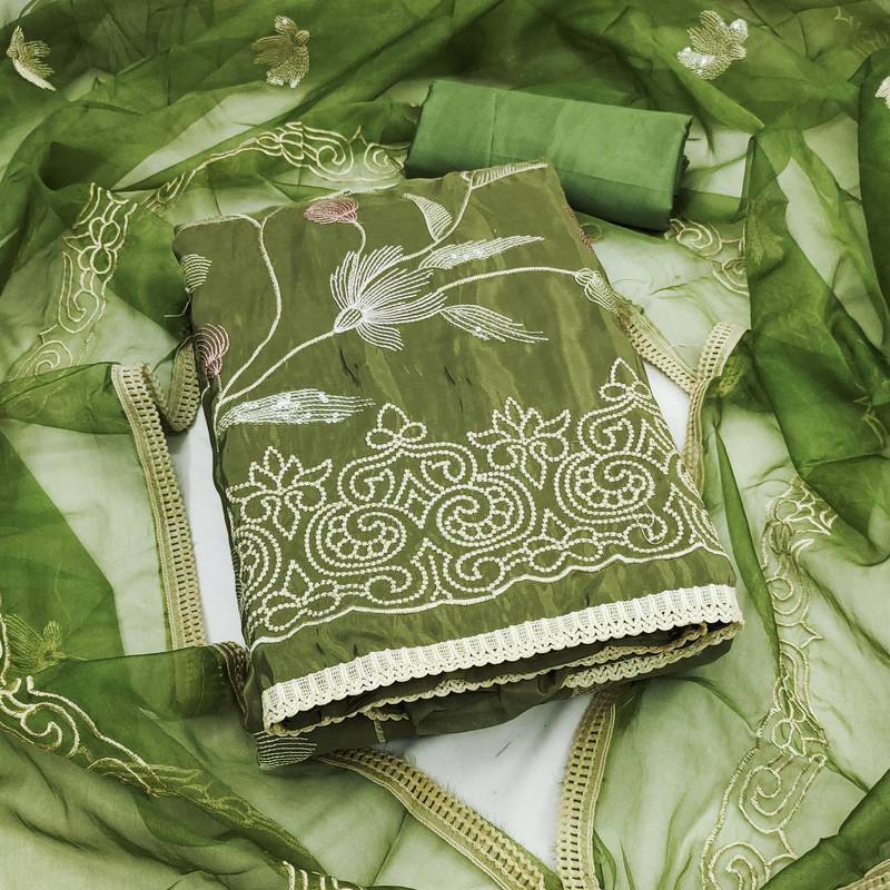 green embroidered glaze cotton unstitched dress material 