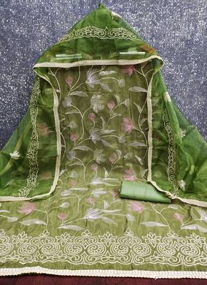 green embroidered glaze cotton unstitched dress material  2