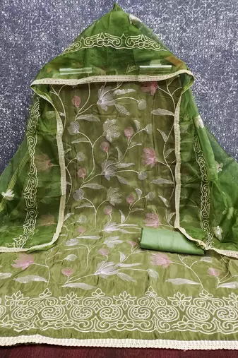 green embroidered glaze cotton unstitched dress material 