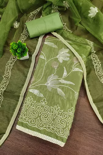 green embroidered glaze cotton unstitched dress material 