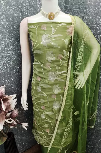 green embroidered glaze cotton unstitched dress material 