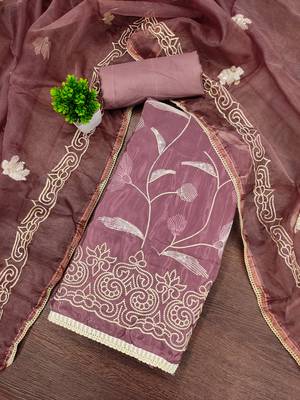 lavender embroidered glaze cotton unstitched dress material  3