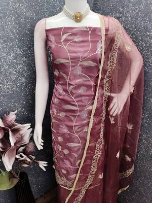 lavender embroidered glaze cotton unstitched dress material  4