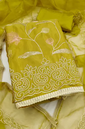 yellow embroidered glaze cotton unstitched dress material 