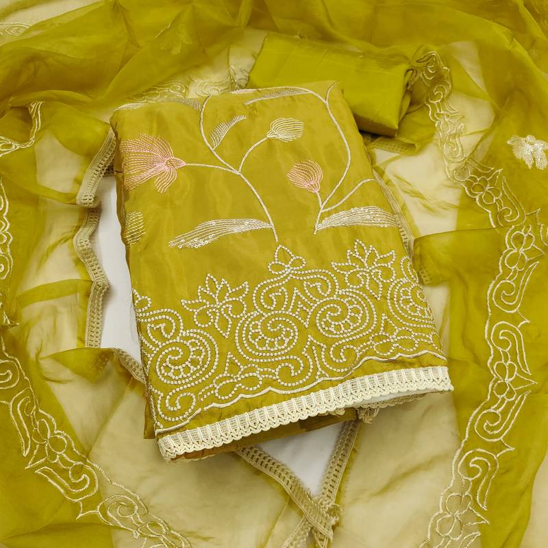 yellow embroidered glaze cotton unstitched dress material 