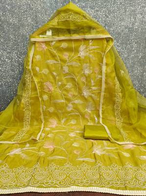 yellow embroidered glaze cotton unstitched dress material  2