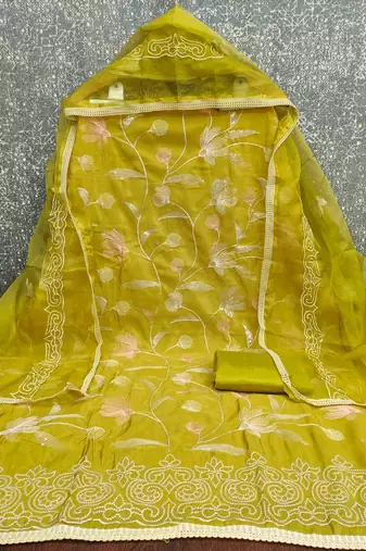 yellow embroidered glaze cotton unstitched dress material 