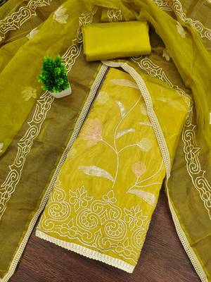yellow embroidered glaze cotton unstitched dress material  3