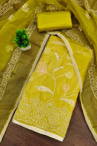 yellow embroidered glaze cotton unstitched dress material 