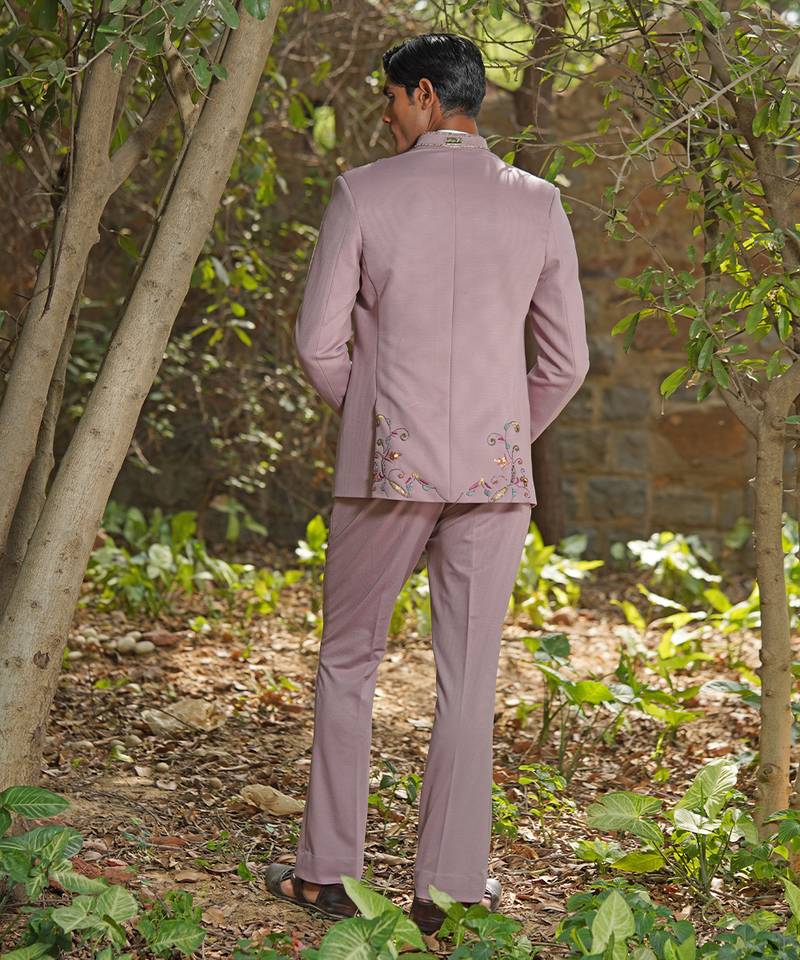 Dusty purple embroidered silk blend jacket set