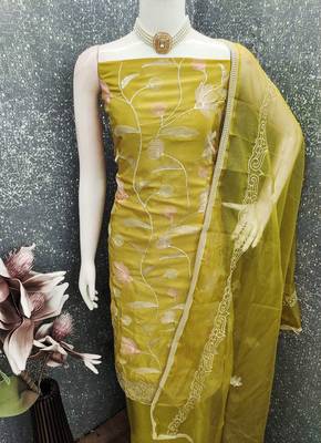 yellow embroidered glaze cotton unstitched dress material  4