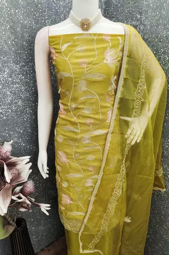 yellow embroidered glaze cotton unstitched dress material 