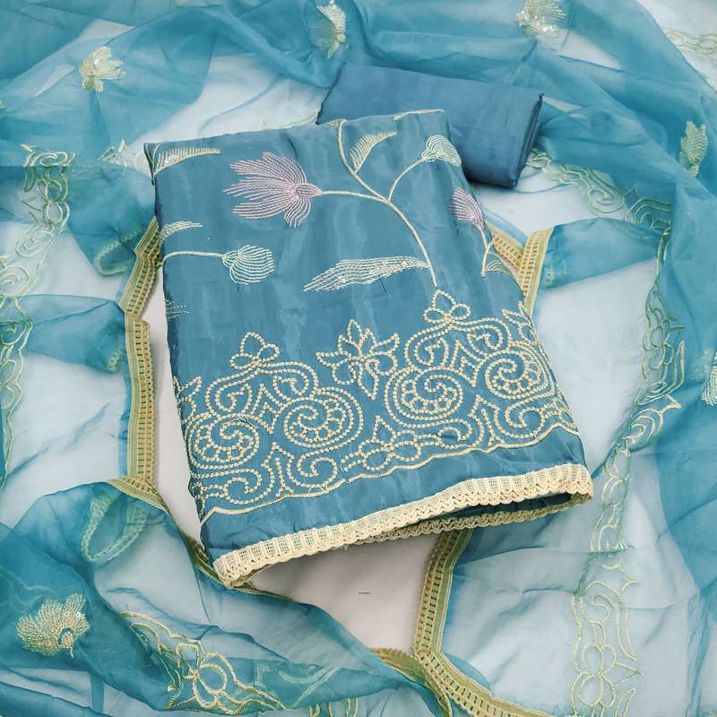 sea green embroidered glaze cotton unstitched dress material 