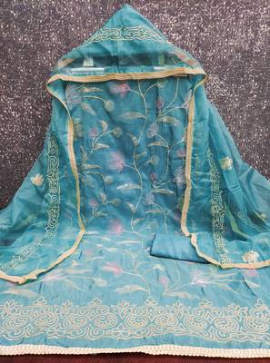 sea green embroidered glaze cotton unstitched dress material  2