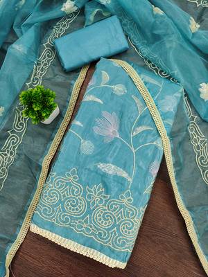 sea green embroidered glaze cotton unstitched dress material  3