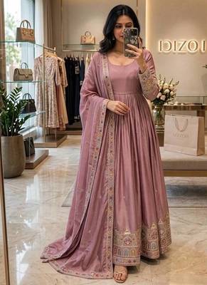 pink color embroidery sequin work silk blend gown set 1