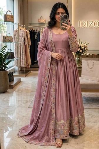 pink color embroidery sequin work silk blend gown set
