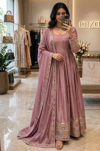 pink color embroidery sequin work silk blend gown set