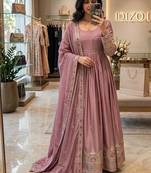 pink color embroidery sequin work silk blend gown set