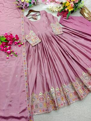 pink color embroidery sequin work silk blend gown set 2