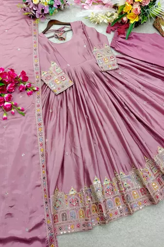 pink color embroidery sequin work silk blend gown set