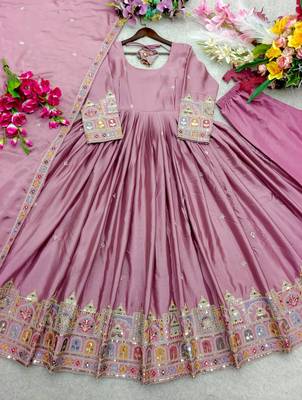 pink color embroidery sequin work silk blend gown set 3