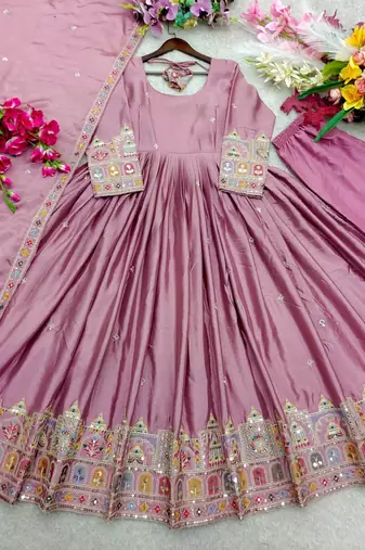 pink color embroidery sequin work silk blend gown set