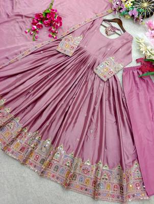 pink color embroidery sequin work silk blend gown set 4