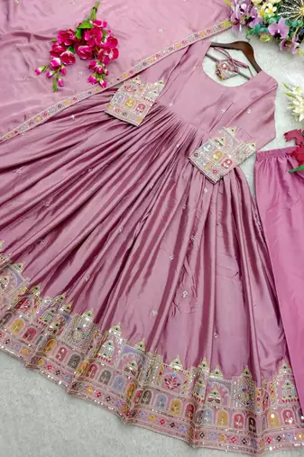 pink color embroidery sequin work silk blend gown set