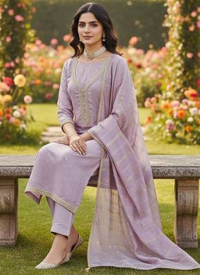 lavender weaved chanderi butti unstitched dress material  2